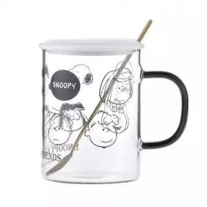 스누피 뚜껑 유리컵 숟가락 세트 370ml-블랙