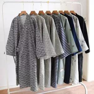 여름 가운 남성 목욕 기모노 유카타 일본 수면 호텔 홈웨어 순면 하이보 파