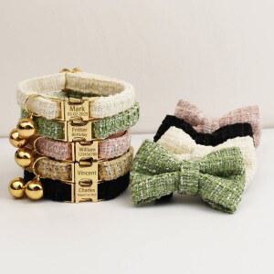 강아지 스카프 고양이 케이프 턱받이 리본 방울 목줄 금속 목걸이 세트