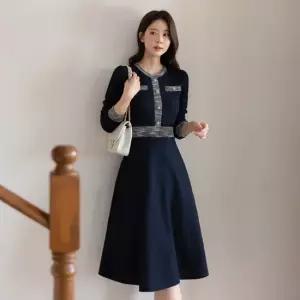 XL까지) 메로비아 배색 니트 플레어 원피스 겨울 하객룩 데이트룩 이지웨어 베이직 빅사이즈