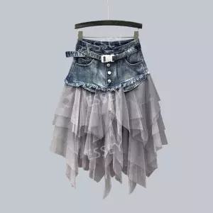레이스 하이웨이스트 방송댄스 데님 치마 라인댄스복 캐주얼 댄스복 스커트