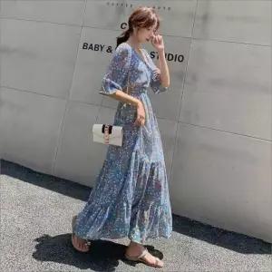 허리밴딩 플레어 롱 바캉스룩 원피스 데이트룩 편한 러플 5부 플라워 여름