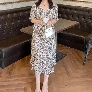 반팔원피스 소매 플라워패턴 패턴원피스 뒷허리 롱원피스 데님원피스