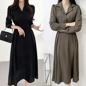 여자롱원피스 긴팔 브이넥 하객룩원피스 카라 오피스룩원피스 주름 핀턱