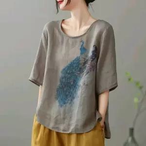 여자 데일리 프린트티 여름 앤티크 모시 프린트부 루즈핏 무드 라운드 풀오버 린넨 탑 SPO마켓5