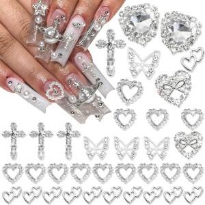 60PCS 실버 네일 매력 크리스탈 하트 3D 합금 크로스 금속 나비 보석 라인 석