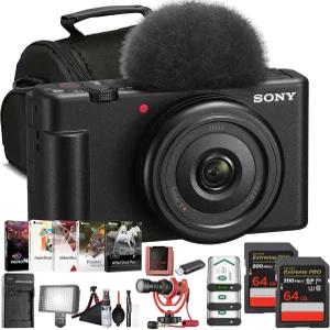 소니 ZV-1F 브이로그 카메라(블랙) 20.1MP 1 u201D 센서 울트라와이드 20mm 렌즈 4K 비디오 64GB 카드 2개
