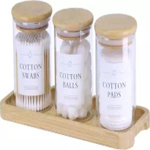 베니티 트레이가 있는 이니우닉 큐팁 홀더 - 뚜껑이 유리 약병 3팩 면봉 패드 치실 픽 욕실 정리함 용기