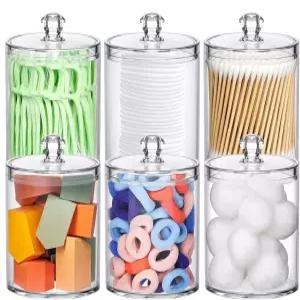 메이티라이프 큐팁 홀더 6팩 화장솜용 아크릴 디스펜서 면봉 볼 정리용 보관 용기 뚜껑이 있는 투명 욕실