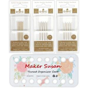 DMC 사이즈 22-24-26 (3팩) 골드 크로스 스티치 바늘 키트, 라지 라운드 엔드 자수 및 태피스트리 핸드 바늘(메이커 수잔 실 홀더 정리 카드 포함) (12개의 바늘, 1개의 오르간 카드)