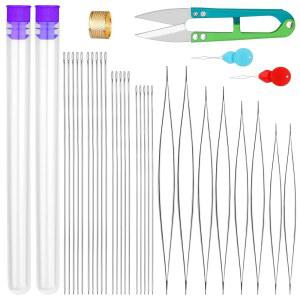 UOOU 28개 비딩 바늘 세트에는 20개의 긴 직선 실 + 8개의 큰 눈 바늘, 병이 있는 자수 골무, 보석 제작용 실을 포함합니다