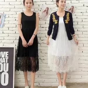 여자 여름 민소매 플라워 레이스 레이어드 원피스