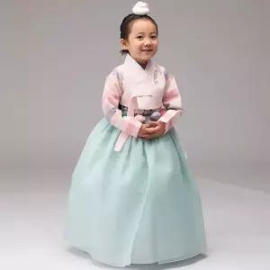 연아색동 여아 아동한복 분홍저고리+날개민트치마+브로찌