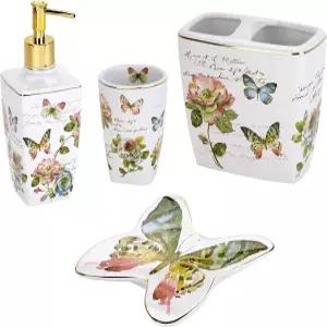 아반티 리넨 - 액세서리 세트 수지 텀블러 칫솔 홀더 비누 접시 및 로션 펌프 내구성 있는 목욕 장식(나비