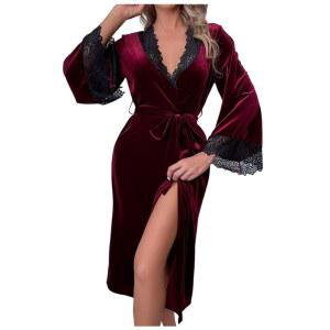 여성용 벨벳 로브 롱 소프트 레이스 목욕 가운 잠옷 브이넥 벨트 슬립웨어 솔리드 컬러 로브