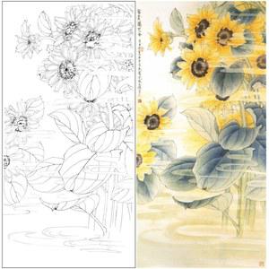 해바라기 그림 도안 동양화 색깔칠하기 초안 재료 무채도 유화배우기 그리기 연화도