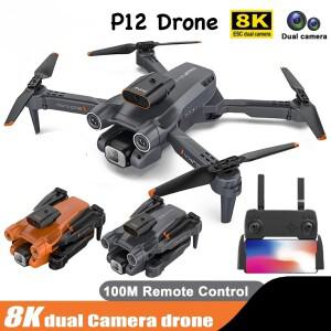 P12 미니 드론 8K HD 듀얼 카메라 와이파이 FPV 장애물 회피 광학 흐름 RC 헬리콥터 접이식 쿼드콥터 장난