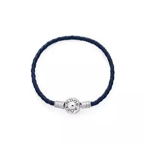 [판도라] 여성 모먼트 라운드 클래습 블루 블레이디드 가죽 팔찌(592790C01)