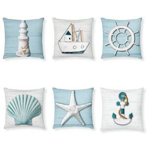 Tatuo 6피스 오션 비치 베개 커버 45.7 x 45.7cm(18 18인치) 해상 여름 바다 테마 쿠션 불가사리 등대 요트 앵커 쉘 해안 장식용 케이스 가정 침대