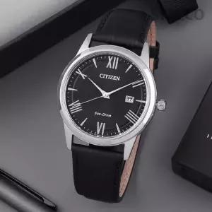 AW1231-07E에코드라이브 라운드 블랙 아날로그 캐쥬얼 정장 남자 가죽 시계 d