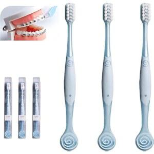 V자형 치아교정용 칫솔 덴탈 브러시, /청소년 /성인, 민감한 치아, 섬세한 잇몸용, 부드러운 칫솔, 교정기용 혀 클리너 포함, 블루, 3개