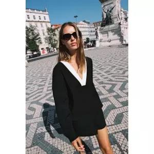 자라 ZARA 크레이프 배색 탑 - 블랙