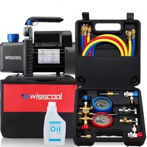 Wisscool 3.5CFM AC 진공 펌프 및 3방향 게이지 세트 110V 1/4마력 HVAC 공기 매니폴드 키트 3개의 호스