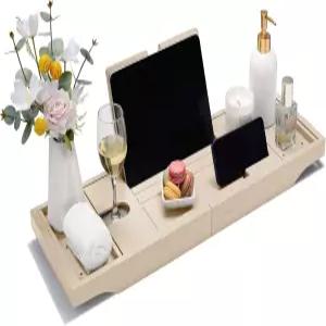 스마일리 욕조 트레이 캐디 확장 가능한 대나무 목욕 액세서리 집 따뜻하게 하기 선물 새 커플 결혼 여성