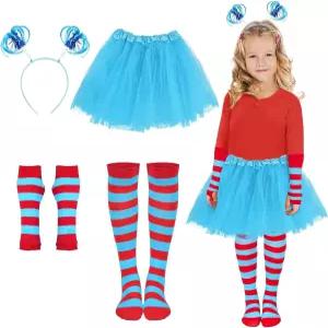 MWTDZX 블루 투투 스커트 포니테일 헤드밴드 레드 스트라이프 핑거리스 장갑 무릎 하이삭스 위