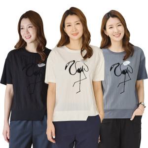 이브바바 여름 쿨 인견 아이스 전사프린트 라운드 반팔 티셔츠 중년여성 엄마 옷