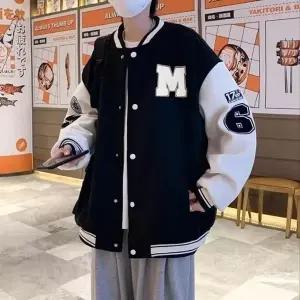 블랙 아이보리 M패치 오버핏 바시티 점퍼 (WFKBKKL)