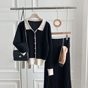 [NS홈쇼핑]조이 여성 카라 넥 단추 오픈 와플 배색 긴팔 니트 가디건 BONG-WCD-2502-블랙..