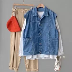 여성 루즈핏 포켓 데님 롱 조끼 스냅버튼 캐주얼