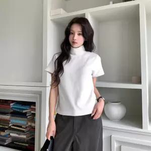 여성용 레이온 스판 하이넥 무지 반팔 티셔츠