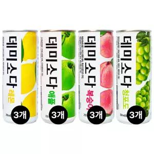 데미소다 4종 3캔씩 250mL x 12캔 레몬 애플 복숭아 청포도