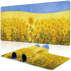 Field of Sunflowers 책상 매트, 대형 해바라기 유화 게이밍 키보드 마우스 패드, 미끄럼 방지 고무 베이스 두꺼운 스티치 가장자리 방수 마우스패드 매트 80cm x