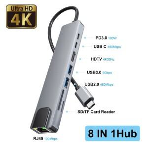 8in 1 USB C 허브 4K30Hz HDTV 어댑터 100M 이더넷 USB3.0 PD 포트가  멀티 도킹 스테이션 맥북 호환 노트
