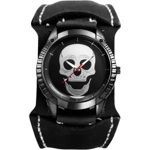 쥬얼리위 남성 스팀펑크 가죽 시계 아날로그 쿼츠 고딕 해골 와이드 커프 조절 가능한 진짜 스트랩 손목시