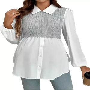 메이크메칙 여성 임산부 블라우스 긴팔 칼라 리브 니트 2 in 1 베이비돌 셔츠