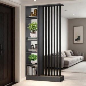 수납 선반이 있는 벽 방 칸막이, 현관 홀 칸막이 스크린 기둥 바닥에서 천장까지, 단단한 나무로 만들어져 조립이 쉽고 가정이나 사무실 장식에 적합합니다(블랙 + 그레이, 100cm)