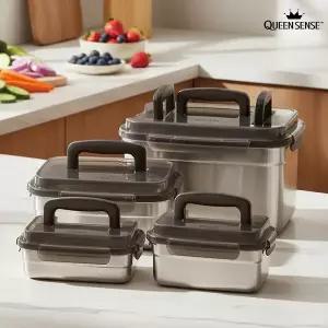 [퀸센스] 모던락 304 스텐 밀폐용기 3호 4종세트(소2.2L,중4.0L,대4.7L,특대8L)