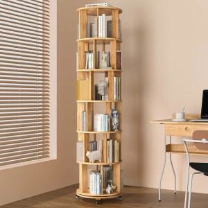 IUNVR 6단 360 회전 책장 타워 견고한 나무 책장, 이동식 바퀴, 책, CD 및 DVD 코너 수납 선반, 내추럴, 거실, 침실, 서재 또는 홈 오피스용
