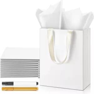 예키 24개 12세트 흰색 베이지색 크리스마스 선물주머니 리본 손잡이 휴지 9 x 7 3.15인치 화이트 페이퍼