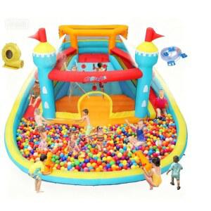 스플래시 풀, 점프 구역, 워터 슬라이드 2개, 암벽 등반, 물대포 2개, 듀얼 탑 분무기 및 야외 뒷마당용 520W 송풍기가 있는 1개 워터파크의 풍선 워터 슬라이드 10개(블루-오렌지)