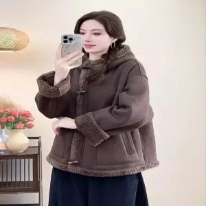 여자점퍼 집업 야구 항공 겨울 소뿔단추 털 일체형 스웨이드 후드 따뜻한 숏 코트 도톰 원템4