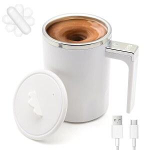 [미국배송] 뚜껑이 있는 충전식 셀프 교반 머그컵 VERMUND 자석 커피 자동 자기 혼합 컵 커피 차 우유 12온스 화이트