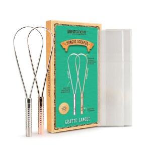 성인 및 어린이용 벤토덴트 혀 스크레이퍼, 실버 & 로즈 골드, 100% 스테인리스 스틸 혀 스크레이퍼, 녹슬지 않은 금속, 여행용 케이스 포함 2팩, 구취 감소, 혀 스크러버, 혀 클리너