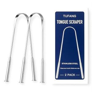 투팡 스테인리스 스틸 혀 스크레이퍼(2팩) - 녹 방지 금속 혀 클리너 성인용 구취 제거 도구 - 구강 위생 키트