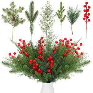 [미국배송] PROSUITES 60개 인공 소나무 가지 크리스마스 그리너리 스템 선택 소나무와 사이프러스 레드 베리 홀리데이 장식 DIY 화환