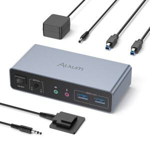 오디오 및 마이크 포트가 있는 Alxum HDMI DP USB 3.0 KVM 스위치-2 모니터와 2대의 컴퓨터 듀얼 모드 전환 4K@60Hz 3 A 5Gbps, USB-B 케이블 2개, DC 5V 전원 어댑터 데스크탑 컨트롤러